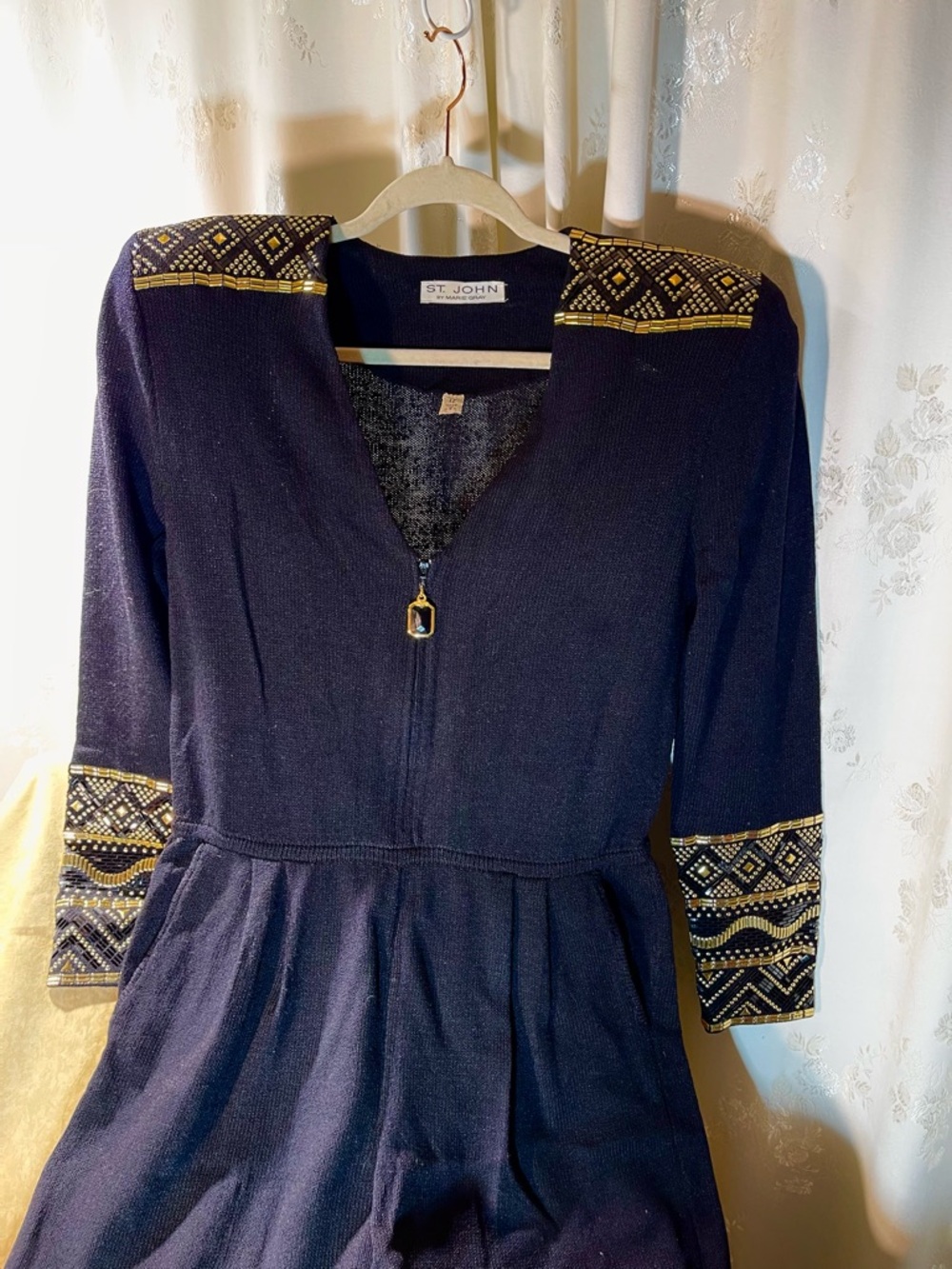 St. John Black Ponte Knit  Long-Sleeve Jumpsuit with Gold Embellishment